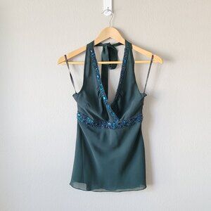 VERO MODA Green Halter Top,Beaded Sequin Y2K Party Blouse Semi Sheer EveningTank